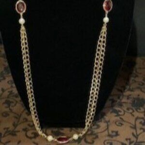 Gold Chain with Red Glass Beads Necklace